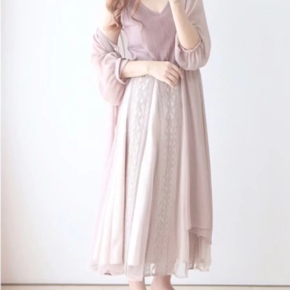Noela Japan Pink High-Waisted Sheer Lace Patchwork Versatile Midi Skirt Size S